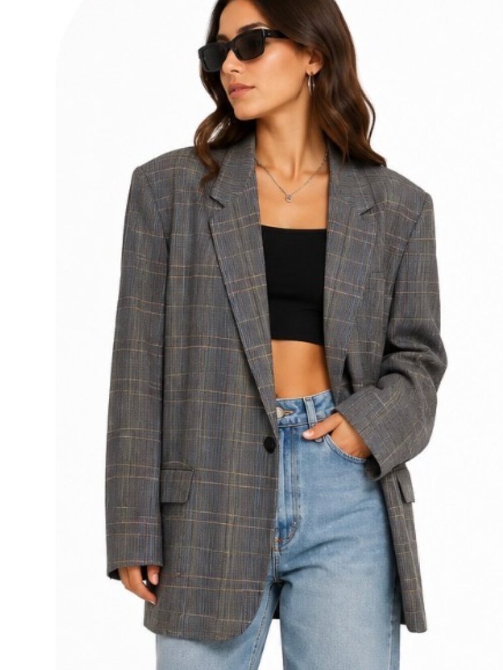 SPETTRO Vintage Y2K Oversized Plaid Blazer Gray Multi Color One Button S/M/L